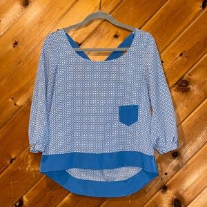 BCBGeneration Deep Sky Blue Print Open Back Cross Strap 3/4 Sleeve blouse